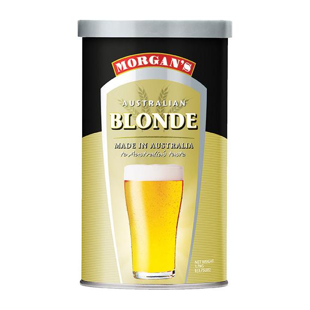 A can of Morgan's Australian Blonde beer with a depiction of a glass of beer on the front.